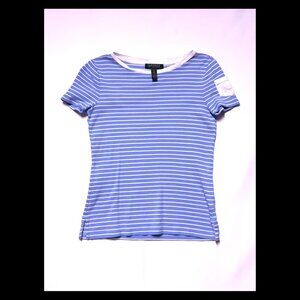 Lauren Ralph Lauren Women's Petite Blue‎ & White Striped Cotton T-Shirt PM